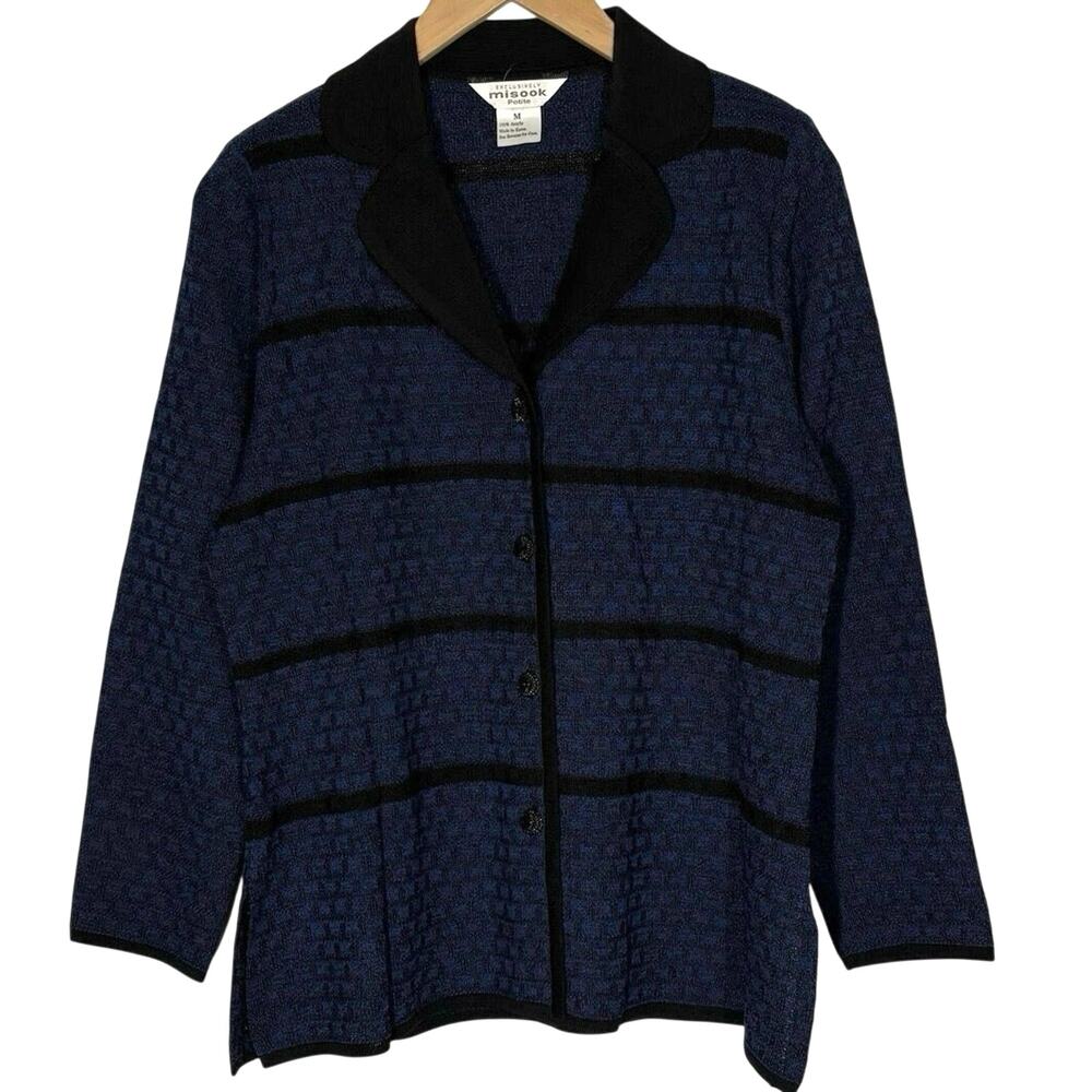 Misook Knit Jacket Blue Black Women’s Size Medium Petite Career Office Business